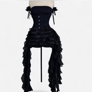 Black  Corset Dress with Ruffle Skirt and off the shoulder straps 100% cotton.
